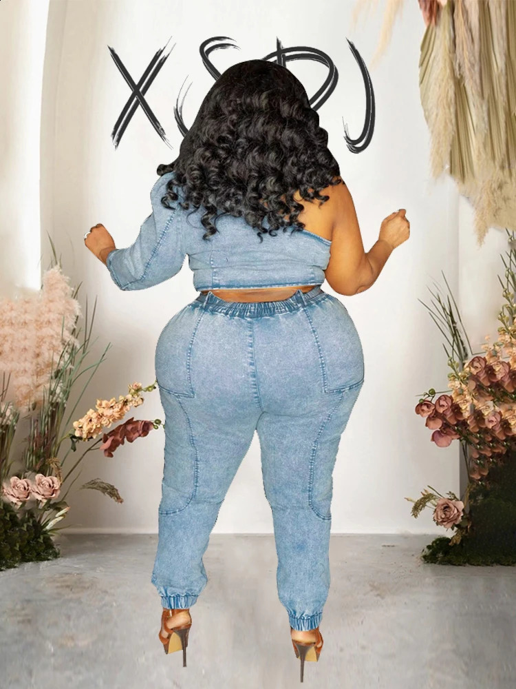 Two piece womens top and pants fashionable sexy one shoulder elastic jeans with size matching set wholesale direct 240718