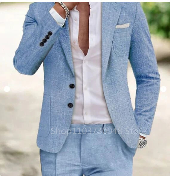 Light Blue/Beige Linen Summer Men Suits Notch Lapel Slim Fit Two Buttons Blazer Pants Groom Tuxedos Wedding Prom 2 Piece Sets 240723