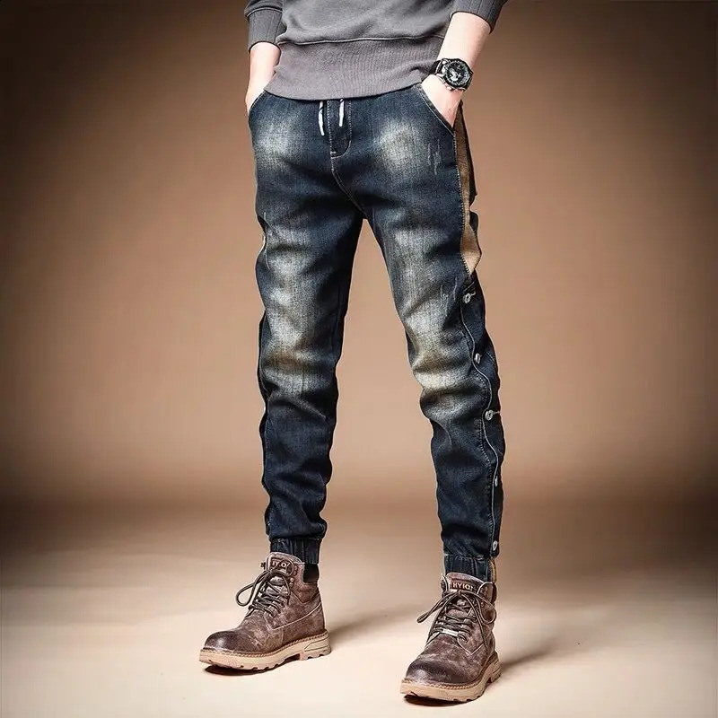 Trousers with Print Stretch Male Cowboy Pants Elastic Cargo Jeans for Men Korean Autumn Aesthetic Regular Winter Trend Y2k 240717