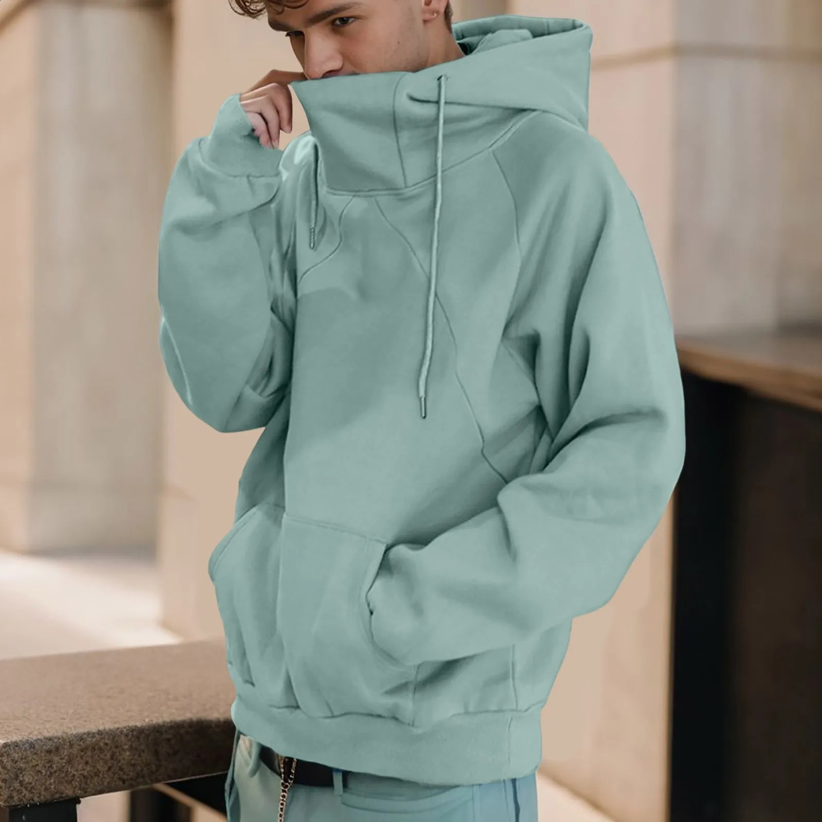 Mens Turtleneck Hoodie Solid Color Loose Casual Sweatshirt American Style Hip Hop Street y2k Pullover Sweater Warm Hooded Tops y240906