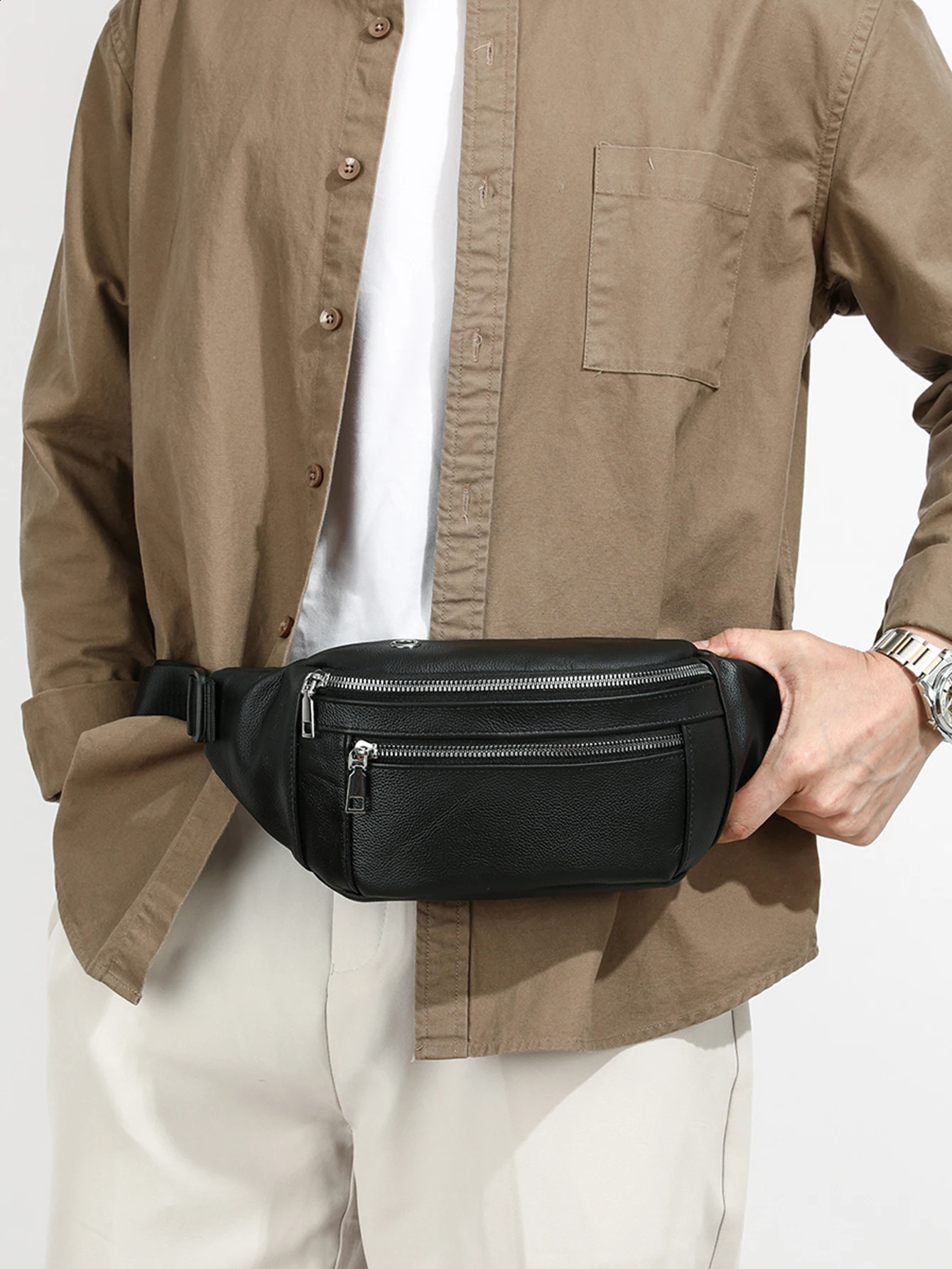 VC Simple Black Mens Genuine Leather Fanny Pack Lightweight Sports Waist Bag for Men Belt Pouch Phone Chest Bags Male Small Bag 240724