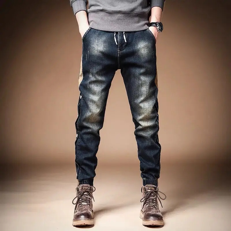 Trousers with Print Stretch Male Cowboy Pants Elastic Cargo Jeans for Men Korean Autumn Aesthetic Regular Winter Trend Y2k 240717