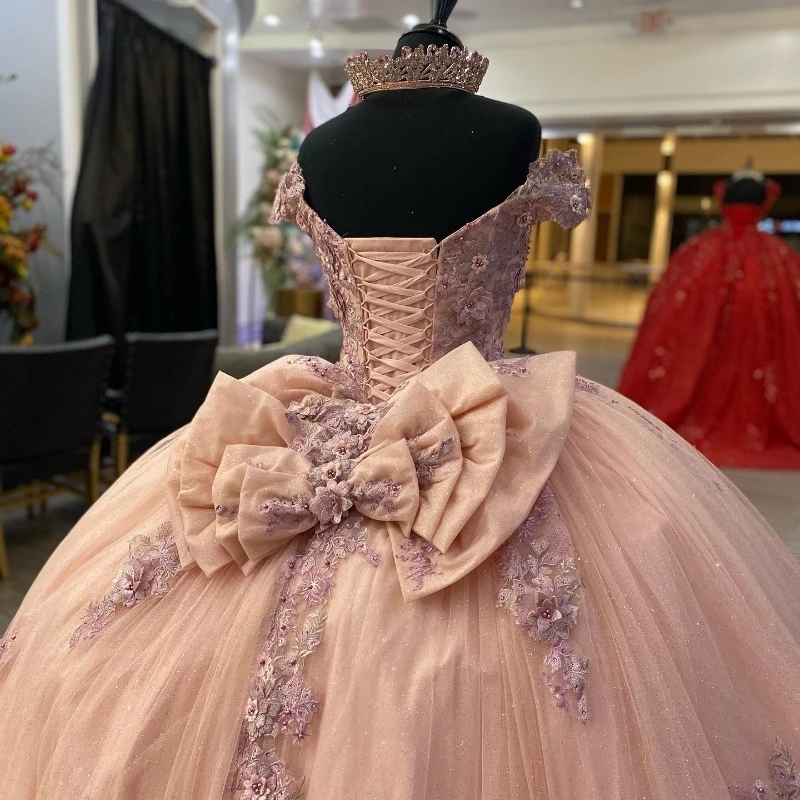 Pink Shiny Sweetheart Ball Gown Quinceanera Dress Tulle Appliques Beads Flowers Bow Off Shoulder Sweet 15 16 Birthday Party Form