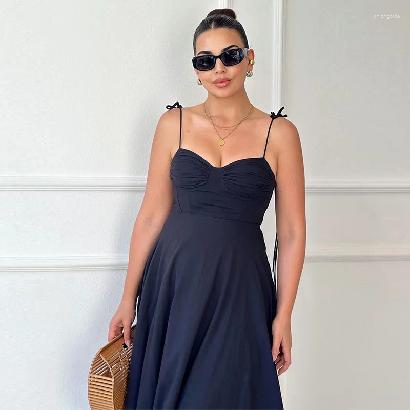 Casual Dresses Sexy Strap A-line Dress Women Elastic High Waist Ruffle Hem Sleeveless Backless Long White Summer Tube Top Robe