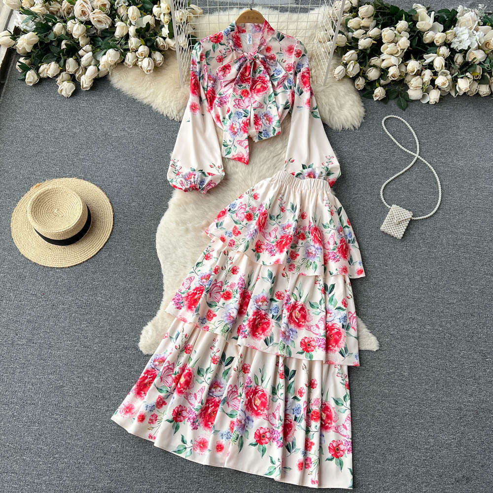Spring Outfit New Style Temperament Sweet Print Womens Lantern Sleeve Shirt+high Waisted Cake Skirt Two-piece Set Trendy Sexy Round Neck Dress BOHO DR