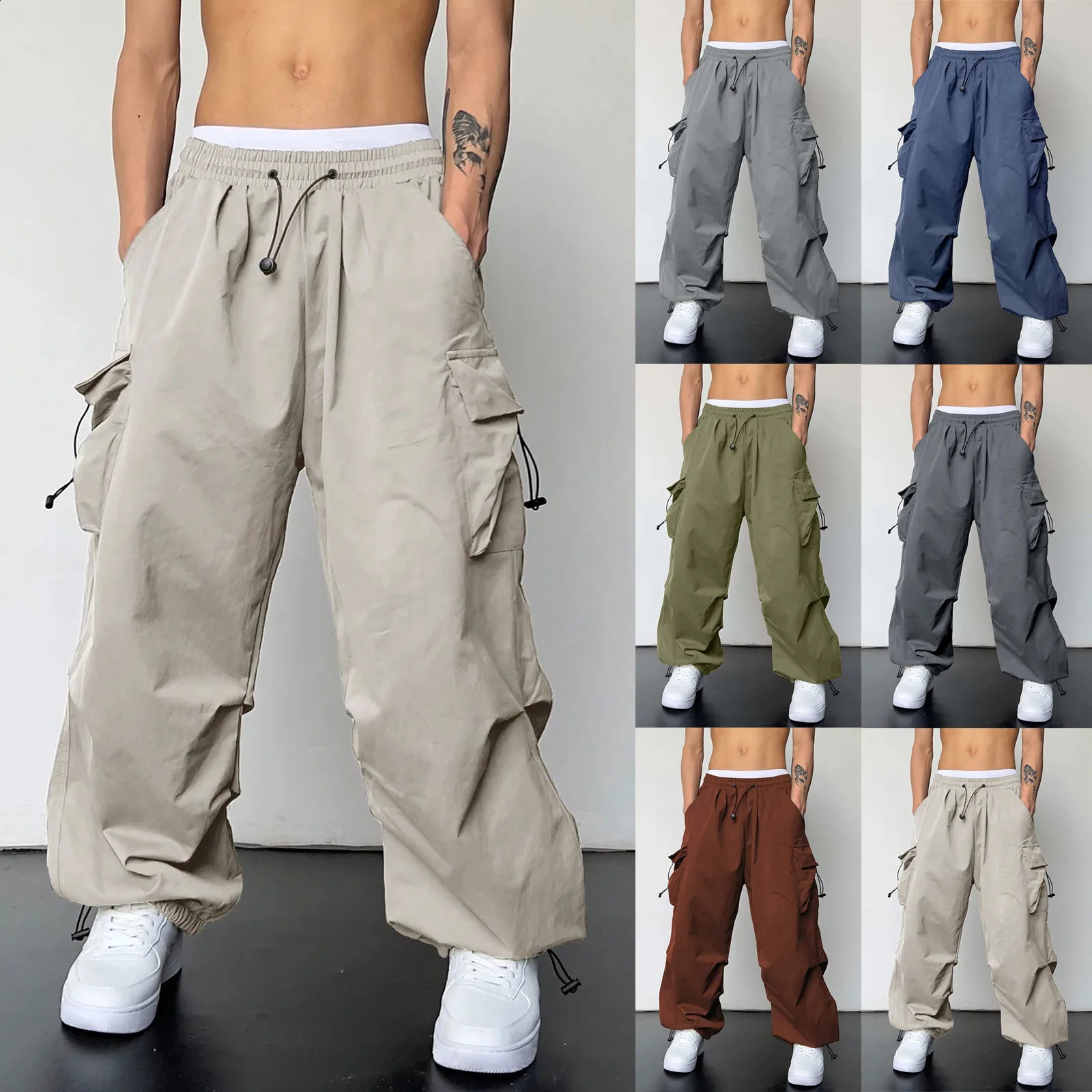 Streetwear cargo pants mens oversized wide leg Trouser hiphop elastic waist solid with multiple pockets loose pocket 240812