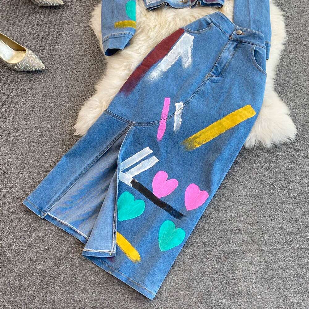 Fashion Womens Hong Kong Style Temperament Graffiti Denim Two-piece Set High Waisted A-line Split Skirt Autumn Self-cultivation Short Waist Round Neck
