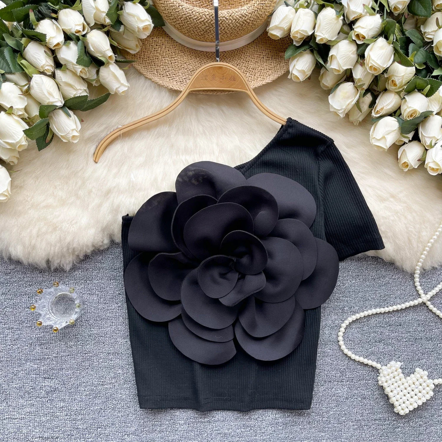 Summer Chic Skew Collar Off Shoulder Blouse Threedimensional flower pleated Slim Sexy Fashion Top sweet Women Shirt 240723