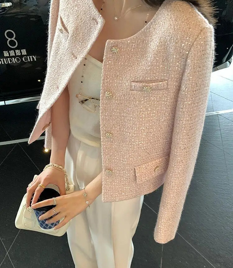 Small Fragrance Tweed Jacket for Women Spring and Autumn Chic Elegant Cropped O-neck Outerwear Pink Casual Loose Blazer Coat 240723