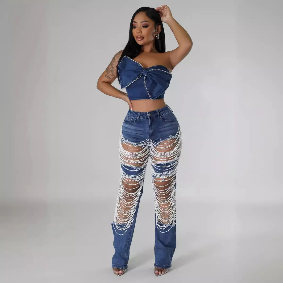Women Big Hole Pearl Chain Ornaments Ladies Denim Straight Leg Pants Fashon Summer Sexy Full Length Pants Jeans 240723
