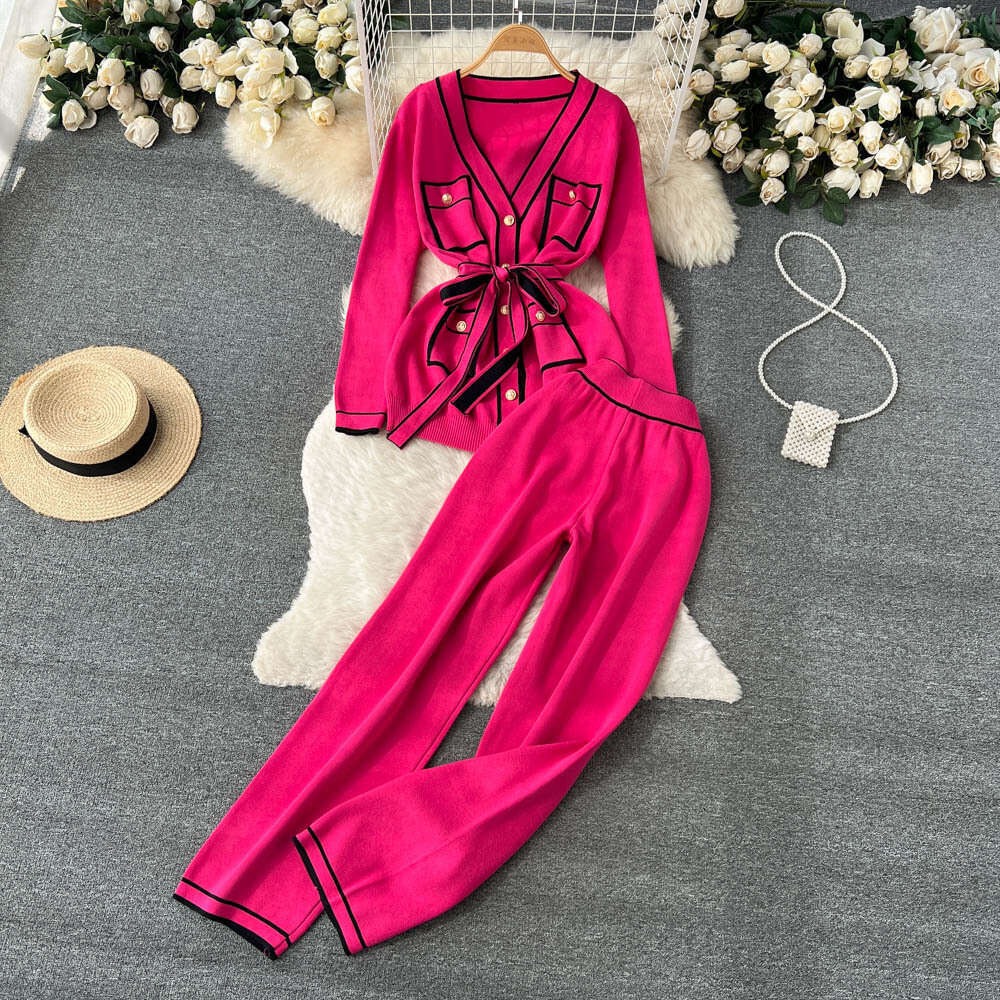 Autumn and Winter Gentle Wind Contrast Color for Women+long Sleeved V-neck Lace Up Knitwear+hanging Wide Leg Pants Two Piece Set High Waist Dress Deni