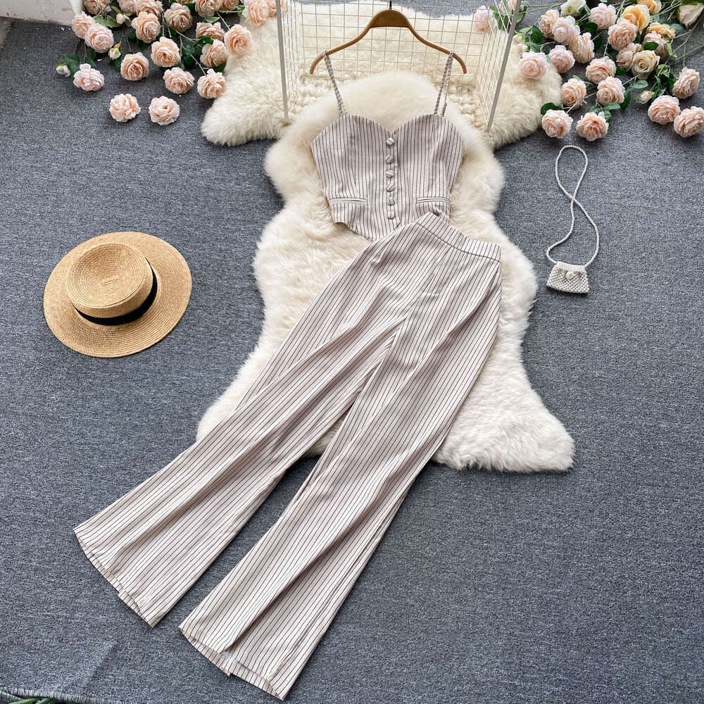 Summer 2024 New Womens Fashionable Fashionable, Light Mature Bra Stripe, Suspended Tank Top, and Pants Set of Two Novelty Waist Bifurcated SKINNY DRES