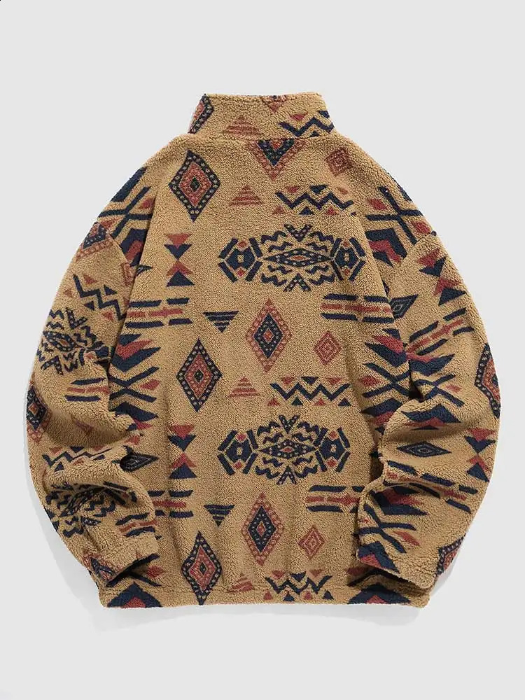 Hoodie for Men Fuzzy Faux Sherpa Zipper Sweatshirts Ethnic Print Fluffy Streetwear Pullover Fall Winter Turtleneck Hoodies y240822