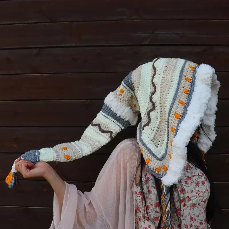 Womens Crochet Rainbow Long-tailed Hat Knitted Wool Rainbow Hat Parent-child Winter Long Braid Elf Hat 240719