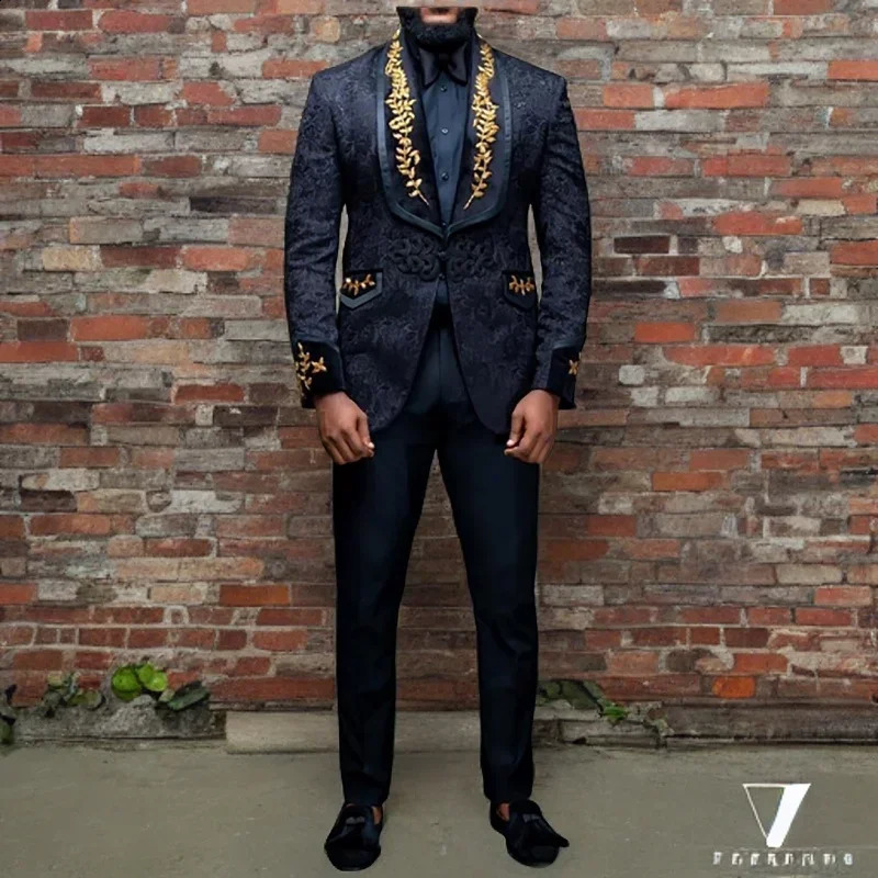 Black Floral Men Suits with Buttons Shawl Lapel Jacket with Pants 2 Piece Groom Tuxedo Blazer Trousers 240723