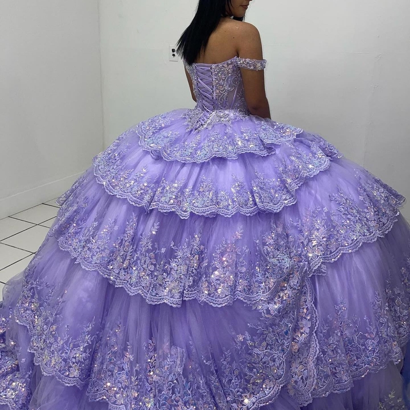 Lavender Off-Shoulder Shiny Ball Gown Quinceanera Dresses 2024 Classic Applique Lace Beads Crystal Sweet 16 Dress Vestidos De 15 Anos