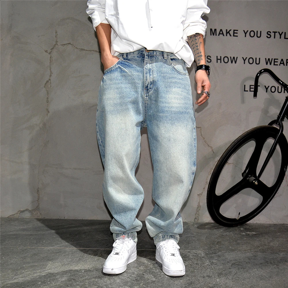 High quality vintage light blue baggy jeans men clothing korean fashion Denim cargo pants streetwear Skateboard trousers male 240724