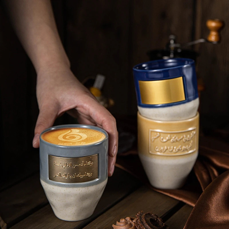 1pc 265ml Middle Eastern Coffee Mug Saudi Style Mug Milk Tea Cup Ceramic Couple Cup Office Mug Gift for Friends Copper Plate 240723