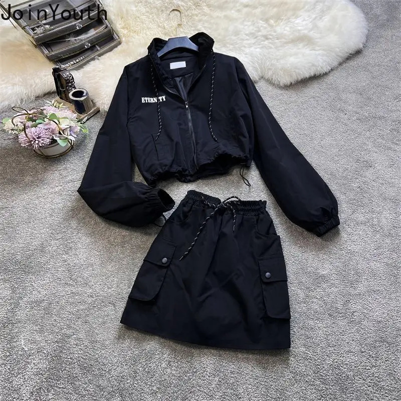 Fashsion Skirt Women Outfits Korean Two Piece Set Long Sleeve Zipper Coat High Wast Bodycon Skirts Vintage Y2k Clothing 240713