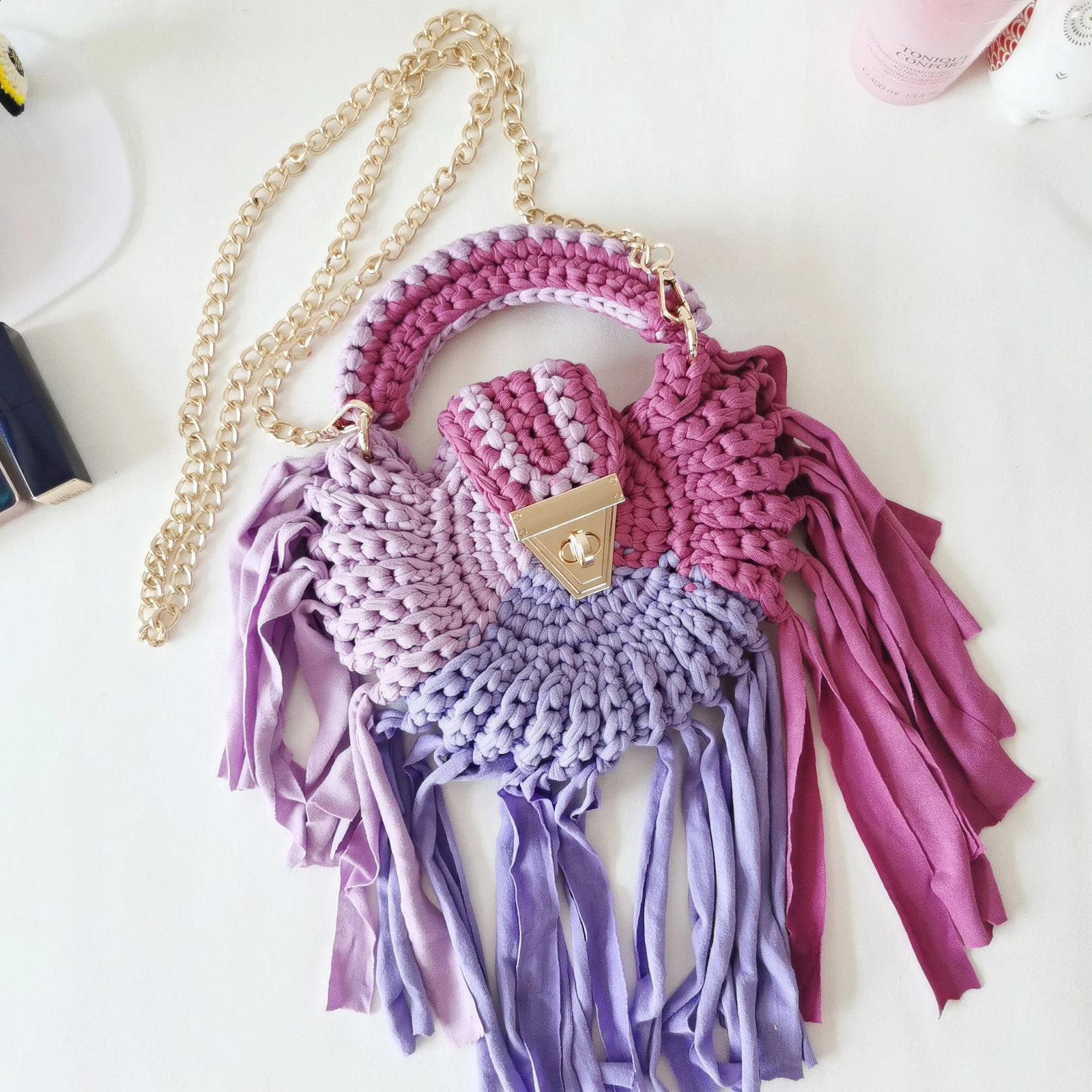 Womens Bag Woven Shoulder Cross Handbags Braided Cotton Fabric Crochet Round Metal Chain Soft Casual Aesthetic Lady Small Bags 240723