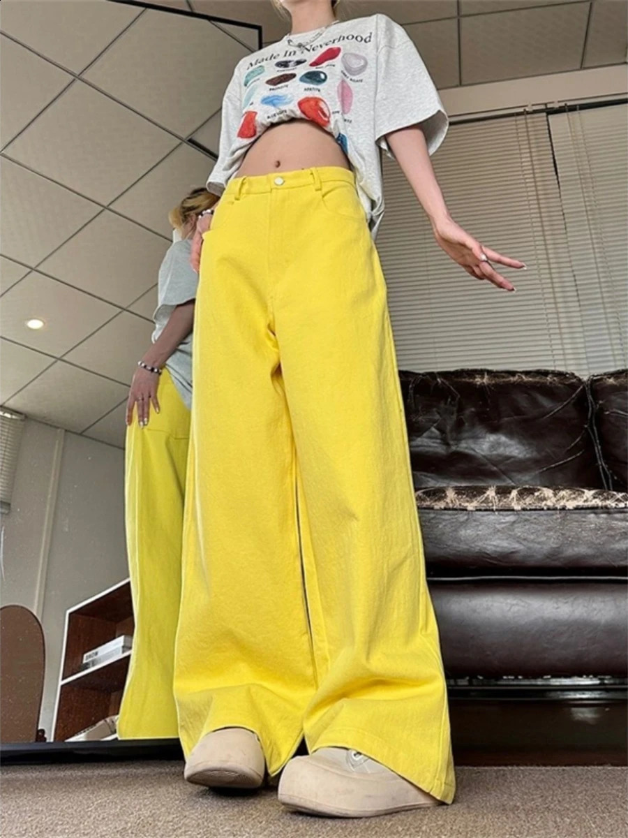 High Waist Chic Simplicity Versatile Wide Leg Baggy Jeans For Women Casual Streetwear Yellow Female Y2k Pants Denim Trousers 240806