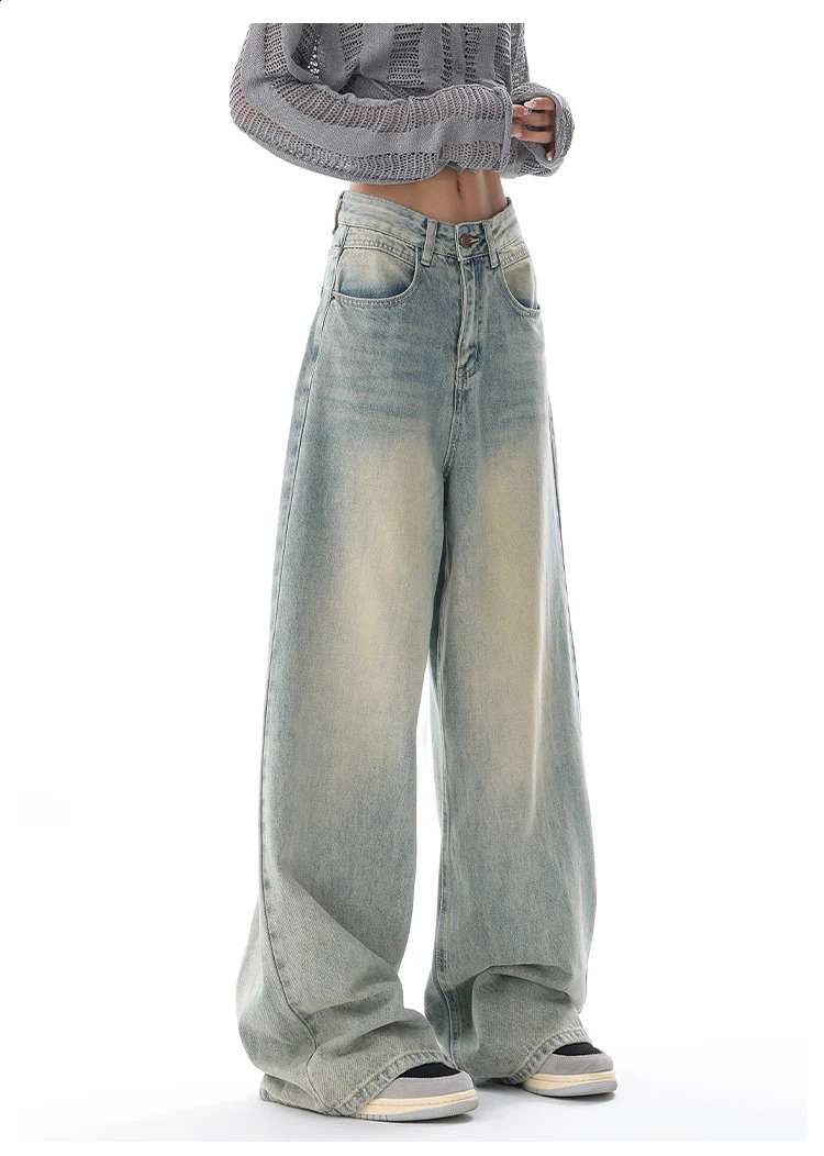 American Vintage Y2K Wide Leg High Waist Straight Jeans Pants Womens Casual Baggy Grunge Streetwear Style Denim Trouser 240812