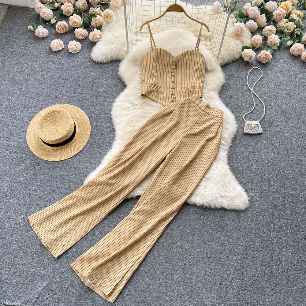 Summer 2024 New Womens Fashionable Fashionable, Light Mature Bra Stripe, Suspended Tank Top, and Pants Set of Two Novelty Waist Bifurcated SKINNY DRES