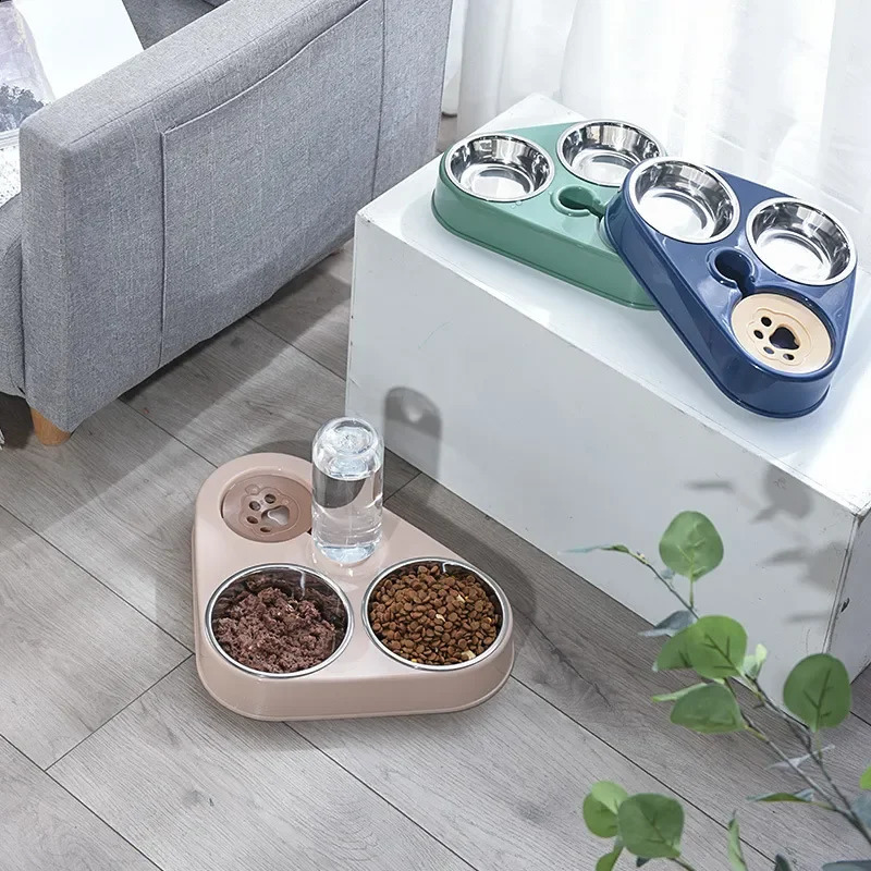 Dog And Cat Self-service Feeder Anti-knock Double Bowl Water Bottle Pet Supplies Stainless Steel Feeder Cat Drinking Fountain 240723