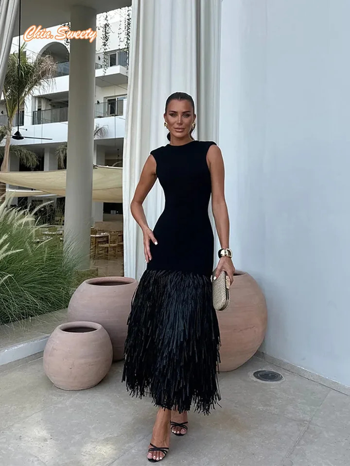 Fashion Solid Patchwork Tassel Knitted Midi Dress Women Elegant Sleeveless Backless Slim Dresses Summer Chic Party Vestido 240723