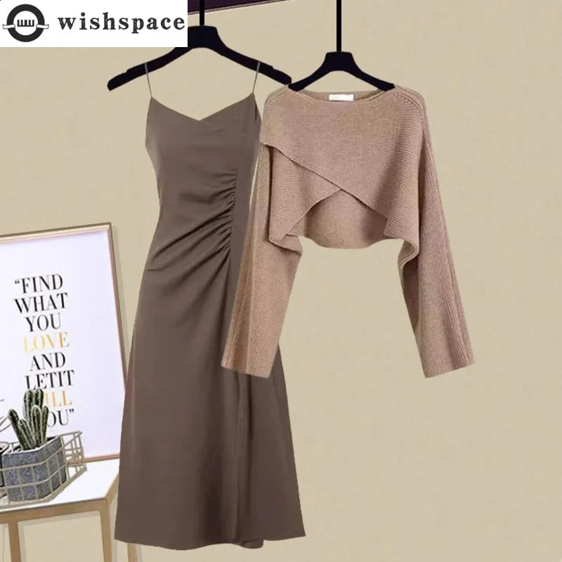 Autumn Irregular Cross Knitted Sweater Pullover Strap Pleated Dress Two Piece Elegant Womens Party Dress 240724