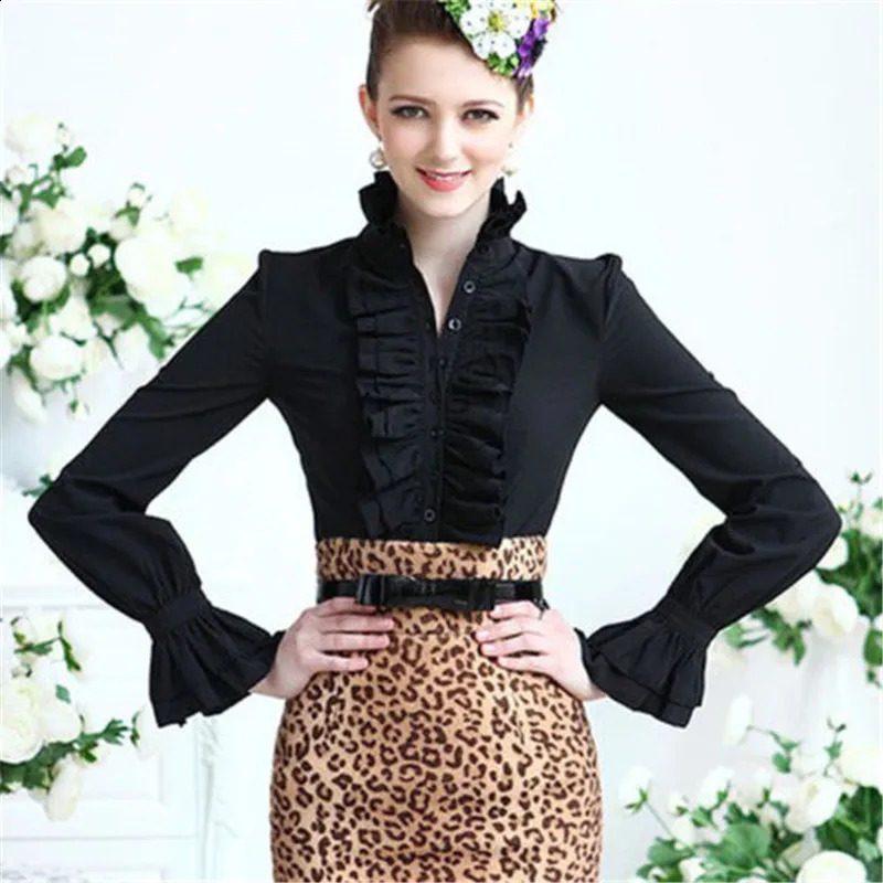 Fashion Victorian Blouses Women OL Office Ladies White Shirt High Neck Frill Ruffle Cuffs Shirts Female Blouse 240723