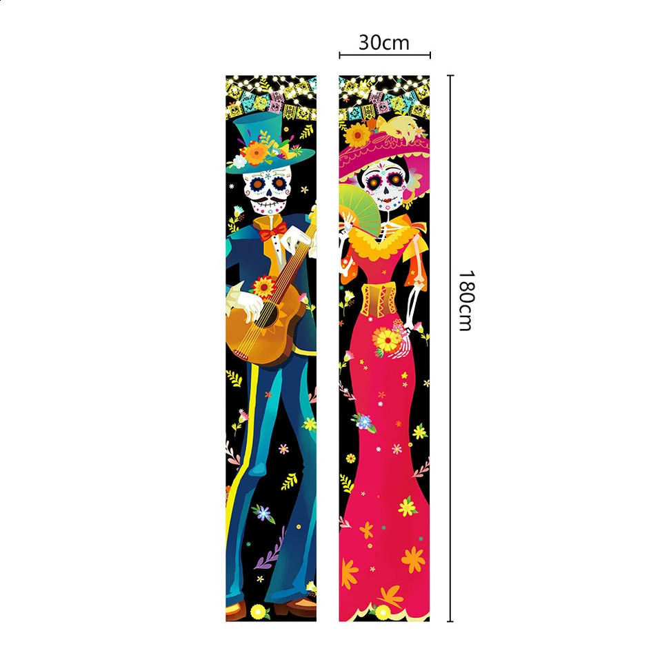 Mexican Day Of The Dead Party Porch Sign Halloween Hanging Door Curtain Banner Hanging Porch Sign Home Welcome Signs Party Decor 240724