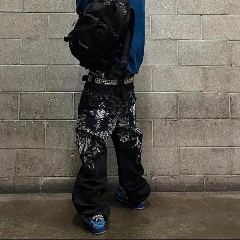 American skull geometric pattern street high waisted jeans for men 2000s retro hiphop fashion straight pocket pants 240724