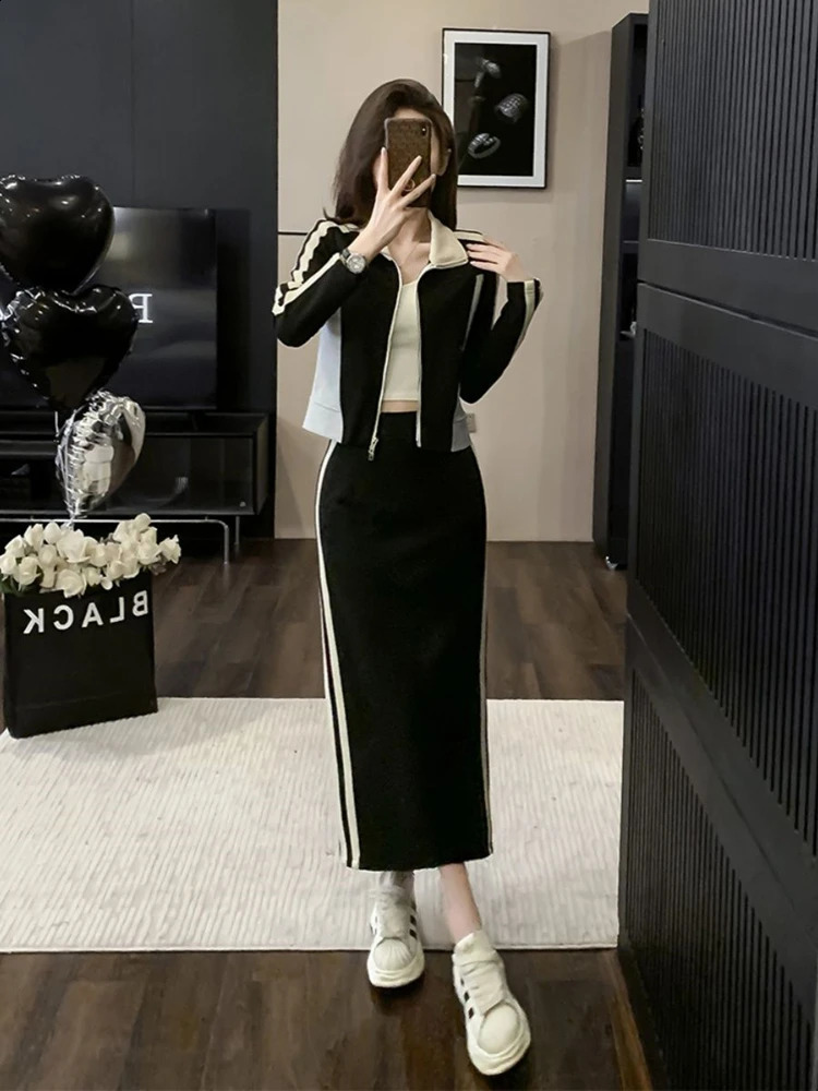 Womens Spring Autumn Sporty Coat Skirts Two Piece Set Casual Zipper Patchwork Jackets Skirt Outfits Run Clothing Sets 240724