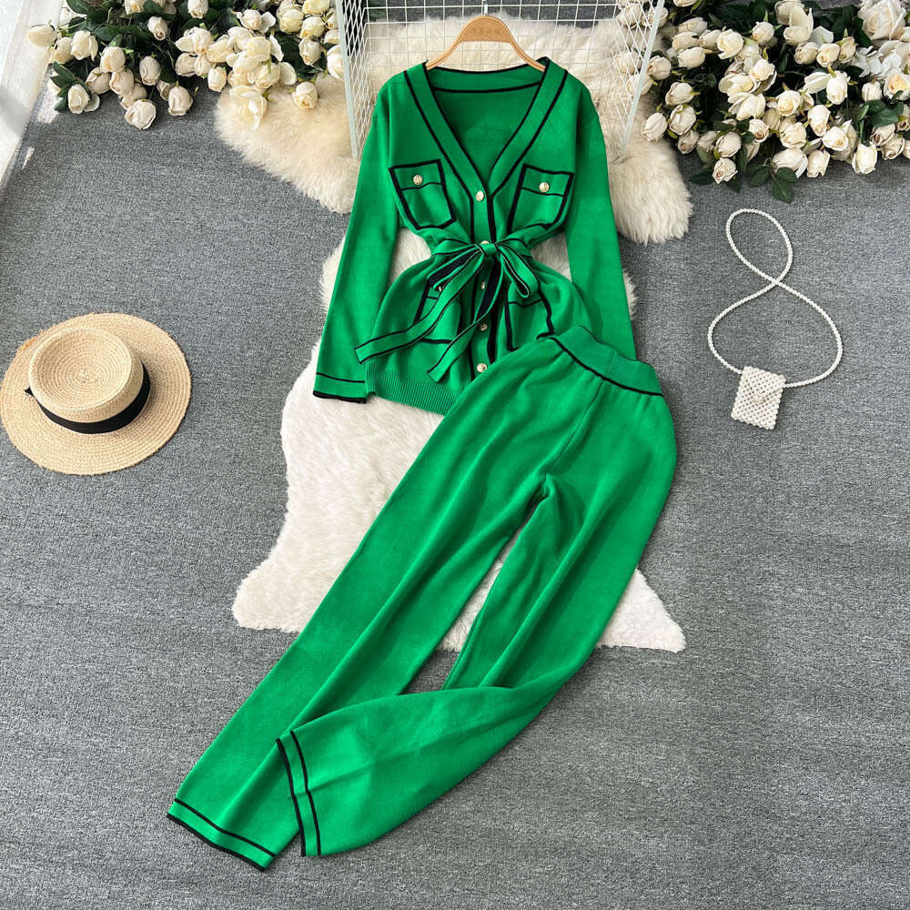 Autumn and Winter Gentle Wind Contrast Color for Women+long Sleeved V-neck Lace Up Knitwear+hanging Wide Leg Pants Two Piece Set High Waist Dress Deni