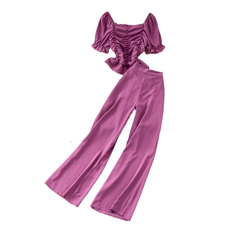 Fashionable Suit Womens Casual Pants with High Waist and Wide Leg, Two Piece Set of Square Neck Short Slim Fit Shirt Loose Novelty Round Neck Dress