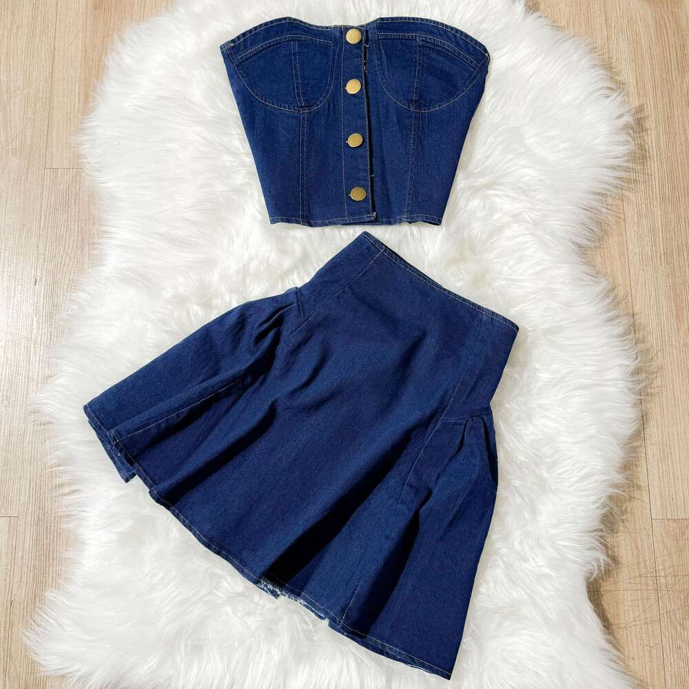 Sweet and Cool Spicy Girl Skirt Womens Summer Short Cowboy Bra Top Two Piece Set High Waist A-line Half Skirt Short Sexy Pregnant Womens Dress BOHO DR