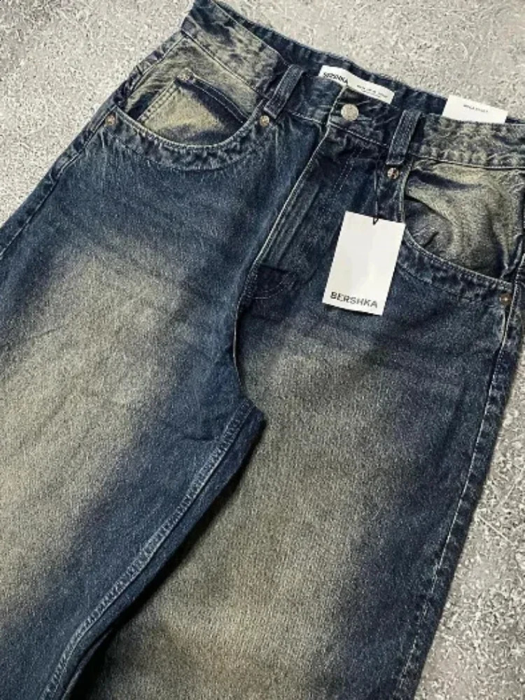 Fashion Hip Hop Pocket Letter Embroidered Cowboy Mens Trouser Y2K Classic Loose Street Simple High Waist Straight Jeans 240724