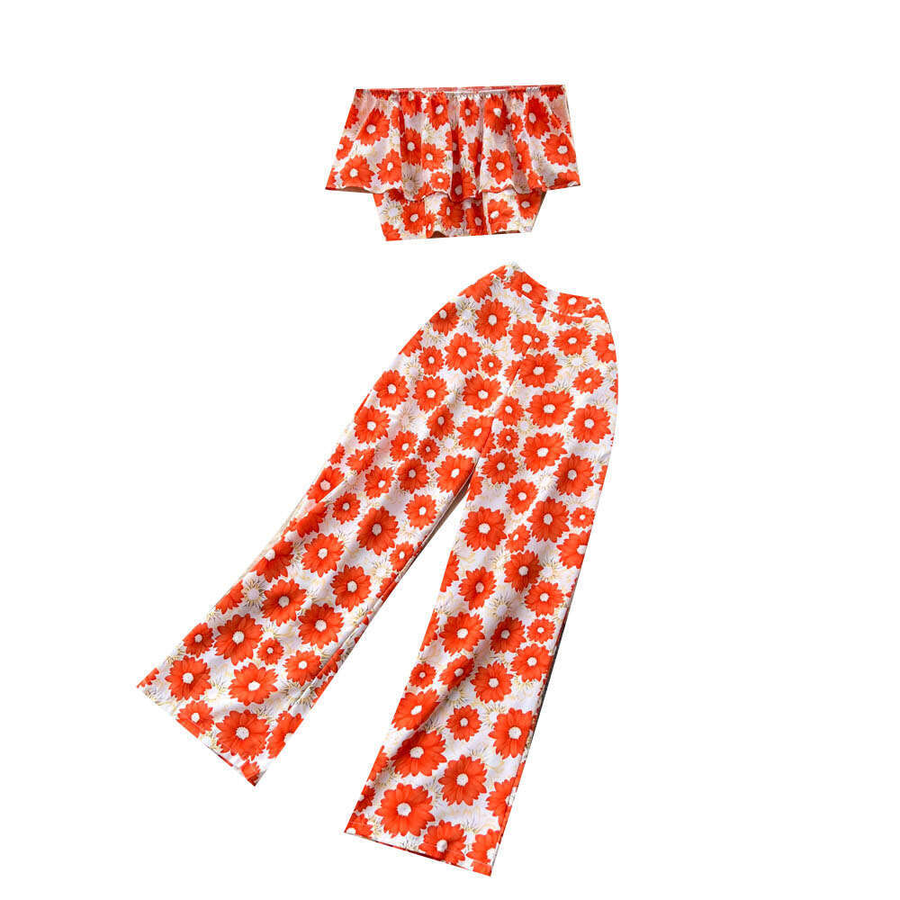 and Slim Set Womens Summer Sweetheart One Line Neck Top Versatile High Waist Wide Leg Pants Printed Two Pieces Waist Loose Bifurcated Oversize Dress