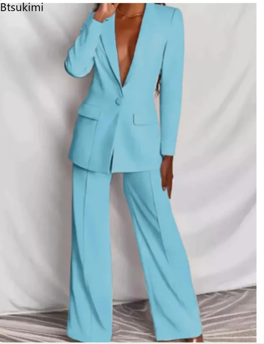 2024 Womens Formal Office 2PCS Sets Solid Blazer Suits and Pants Sets Slim Fit Womens Pants Suits Sets Temperament Tracksuits 240716