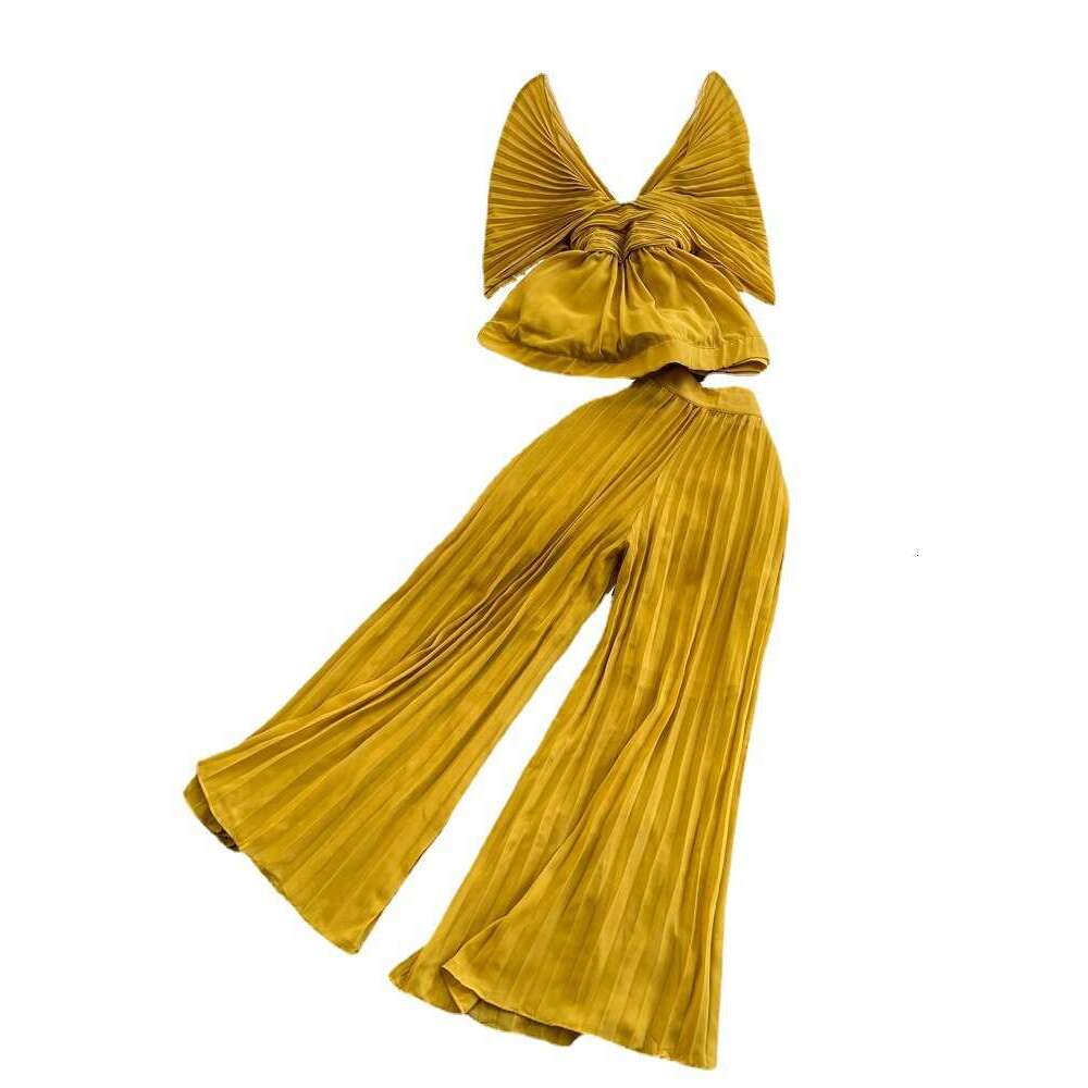 Fashionable Suit for Women with Three Curtilages, Pleated Bat Sleeves, V-neck, Waistband, Lotus Leaf Hem Top, Two-piece Set of High Waisted Wide Leg P