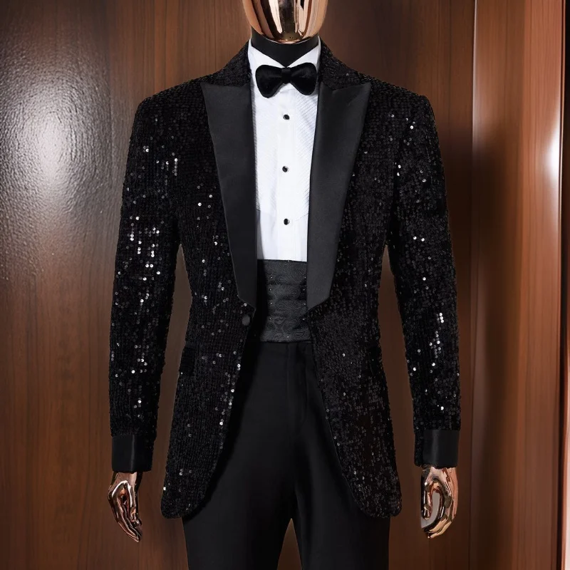 Shining Sequins Men Blazer Slim Fit Peak Lapel Suit Jacket One Button 1 Pc Tailored Groom Wedding Party Jacket for Prom