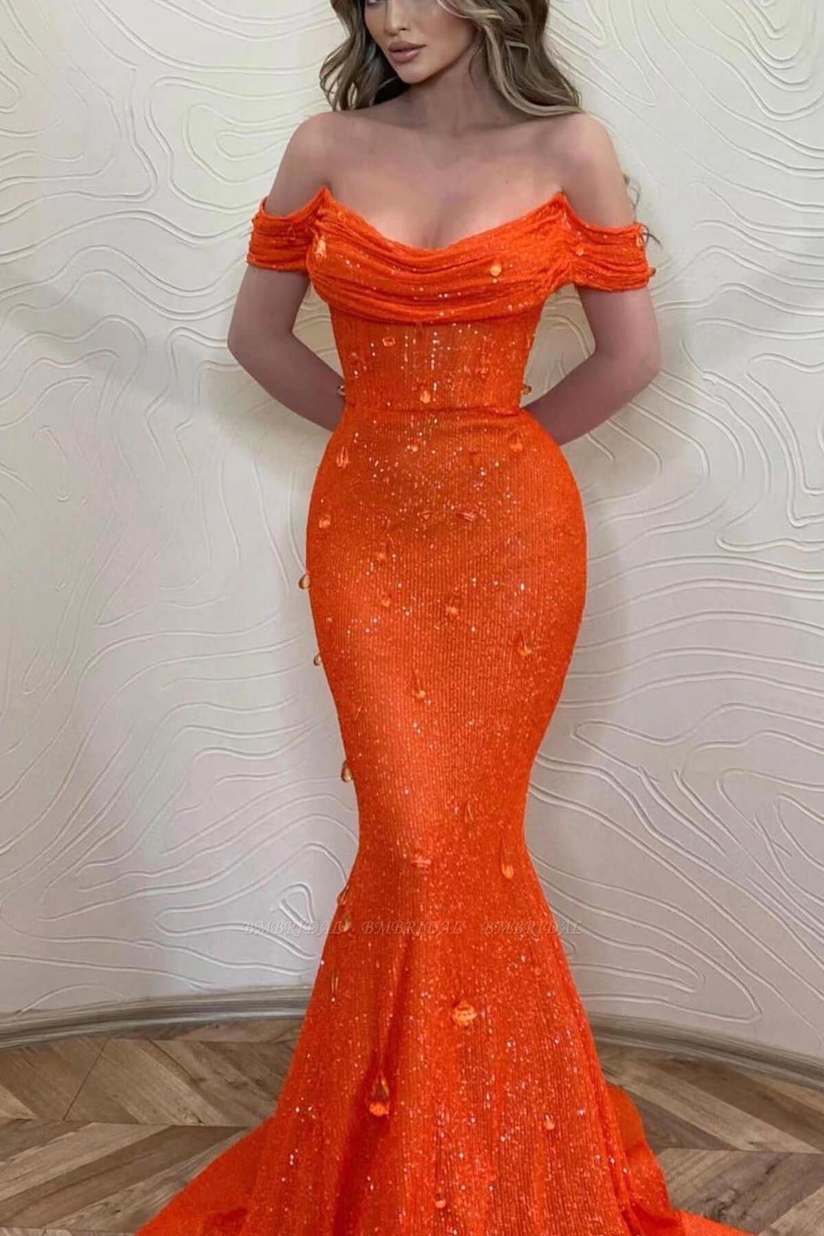 Brilliant Mermaid Prom Dresses Off Shoulder Evening Gown Beaded Sequin Crystal Sweep Train Custom Party Dress BC19248