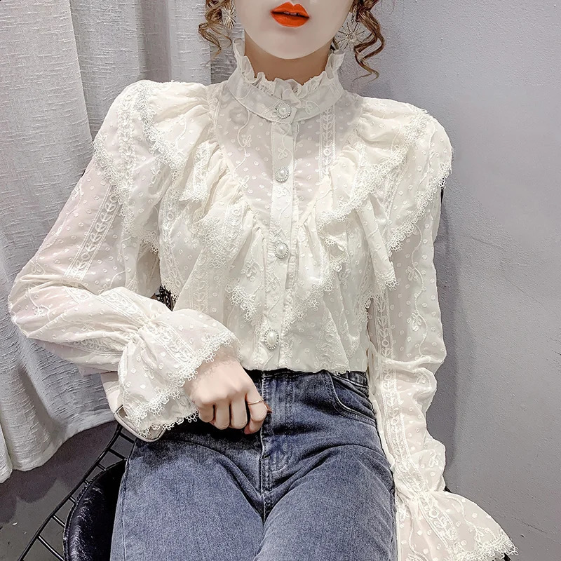 Korean Style Ruffle Stitching Lace Blouse Fashion Long Sleeve Loose Chiffon Shirt Elegant Stand Collar Pleated Tops Blusas 15832 240723