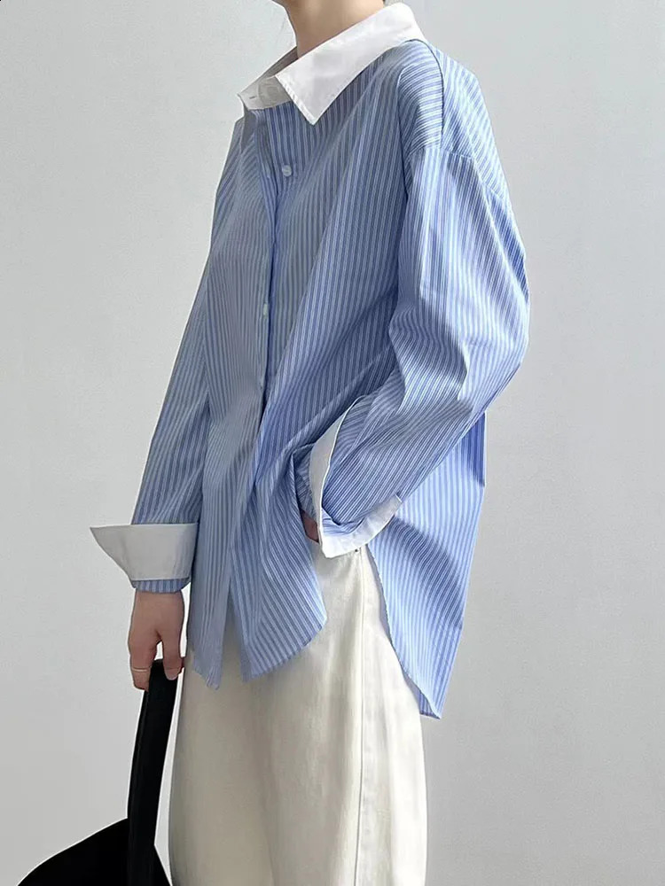 Striped Patchwork Shirt for Women Summer Loose Lapel Office Ladies Long Sleeve Blouses Korean Chic Elegant AllMatch Button Tops 240723