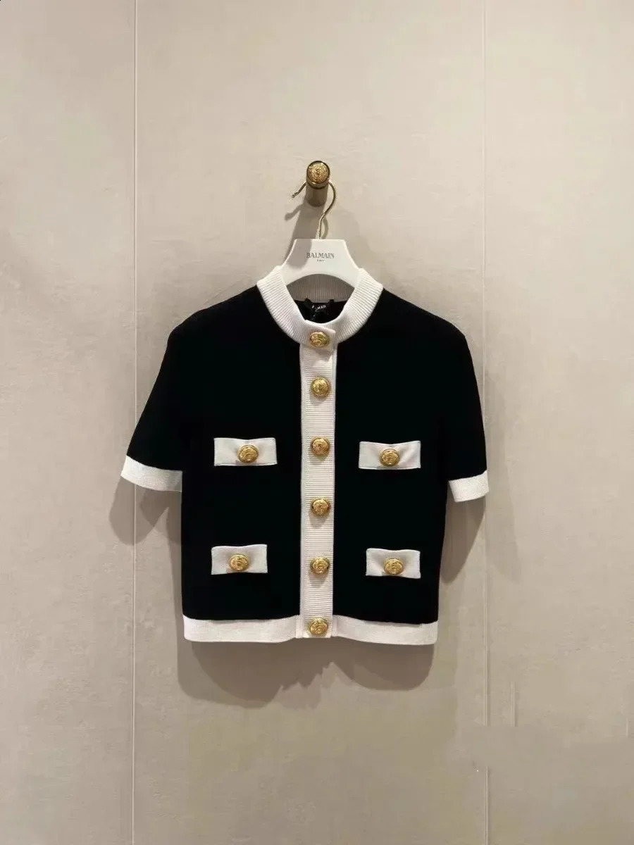 Stylish Vintage Knit Sweater Women Gold Buttons Cardigans Tops 2024 Summer Short Sleeve O-neck Elegant Fashion Chic Knitwear 240723