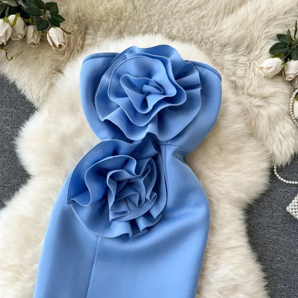 3D Flowers Strapless Formal Occasion Dresses for Women Slash Neck Skinny Hip Wrap Dress American Chic Female Vestidos Dropship 240814