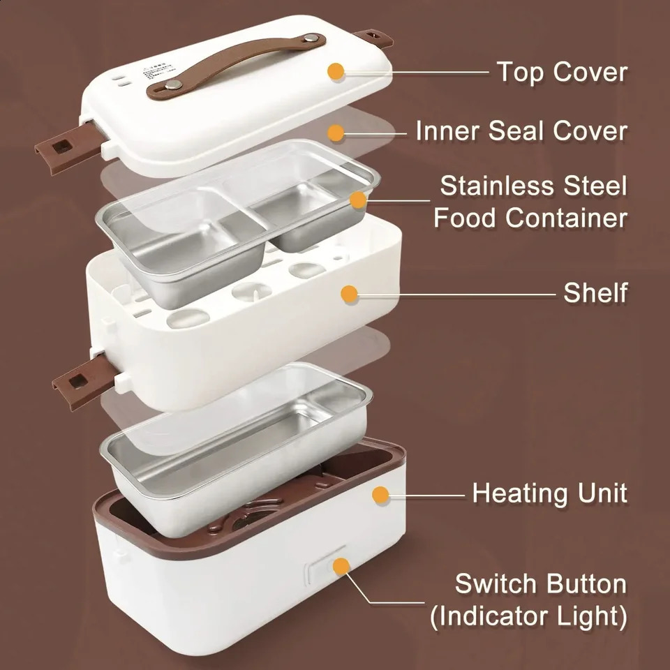 Self Cooking Electric Lunch Box Portable Food Warmer for OntheGoRice Cooker 2 Layers 800ML Heated Home Office 240716