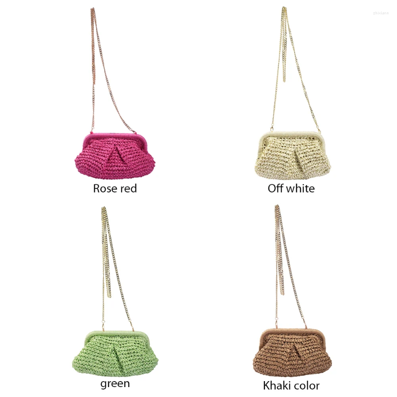 2025 NEW Bag Women Straw Crossbody Large Capacity Clutch Purse Solid Color Cloud Dumpg Pouch Chain Strap For Summer Vacation zhanyishengli