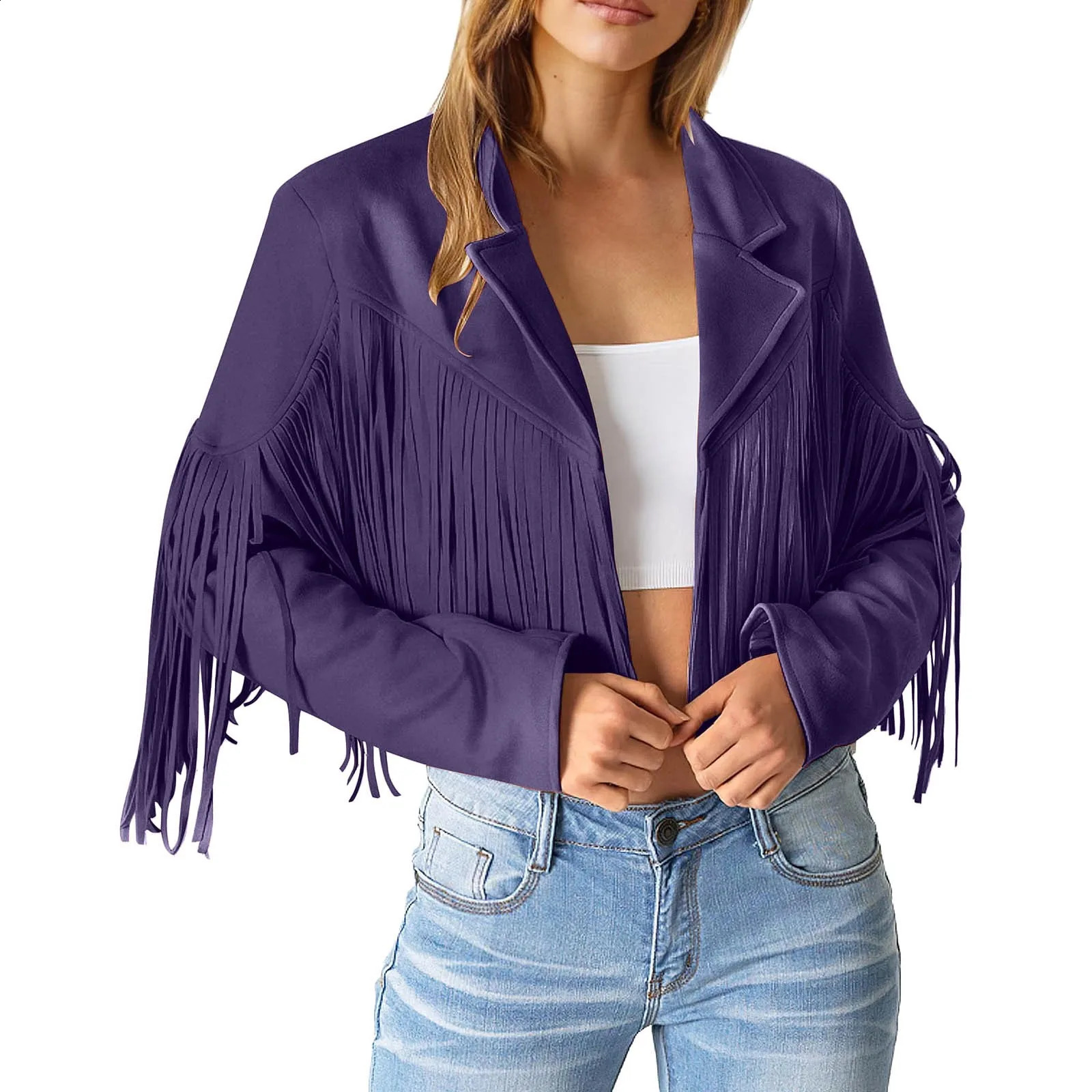Women Y2k Fringed Hem Tassel Cardigan Crop Tops Cool Girl Motor Biker Jacket Suede Leather Jacket 90s Vintage Streetwear Coats 240723